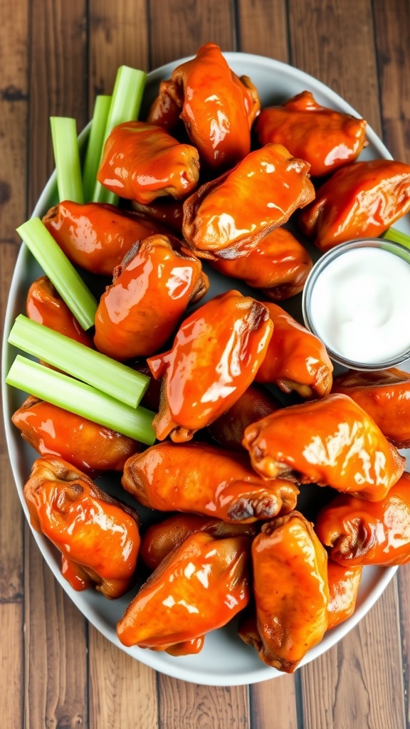 A delicious serving of crispy buffalo chicken wings on a plate with celery sticks and ranch dressing.